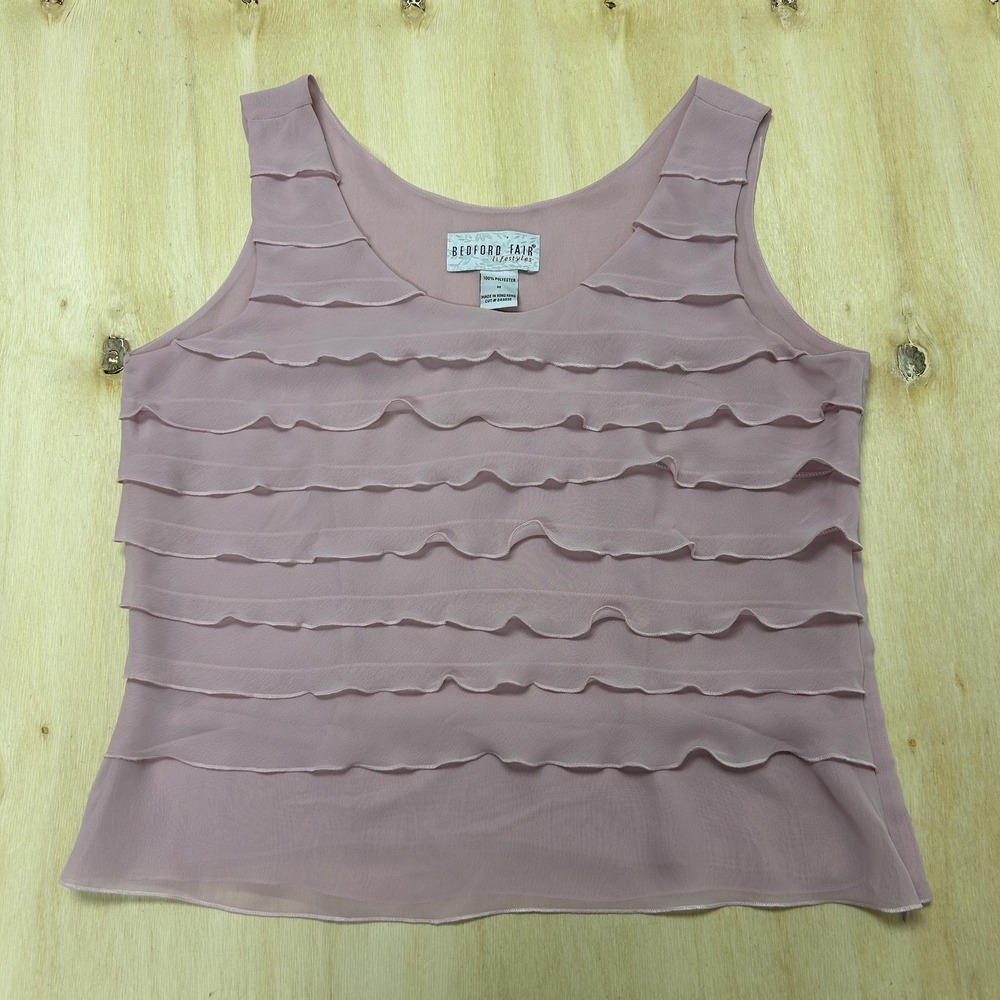 Vintage Bedford Fair Tank Top Women Medium Pink Ruffle Tiered Scoop Neck Chiffon